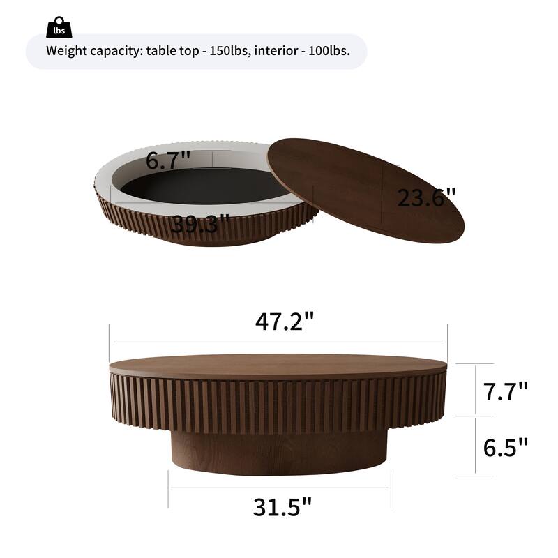 Oval Coffee Table with Storage, Solid Wood Veneered Coffee Table, Modern 47'' Accent Tea Table for Living Room