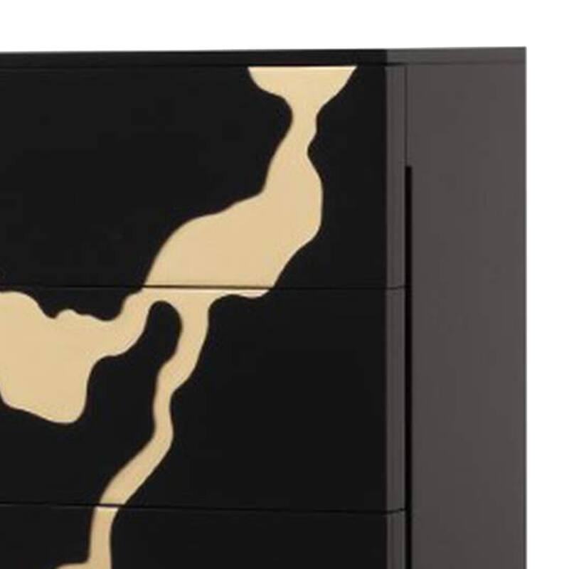 Goldie 5 Drawer Tall Dresser Chest, Black and Gold Wood, Bedroom Storage