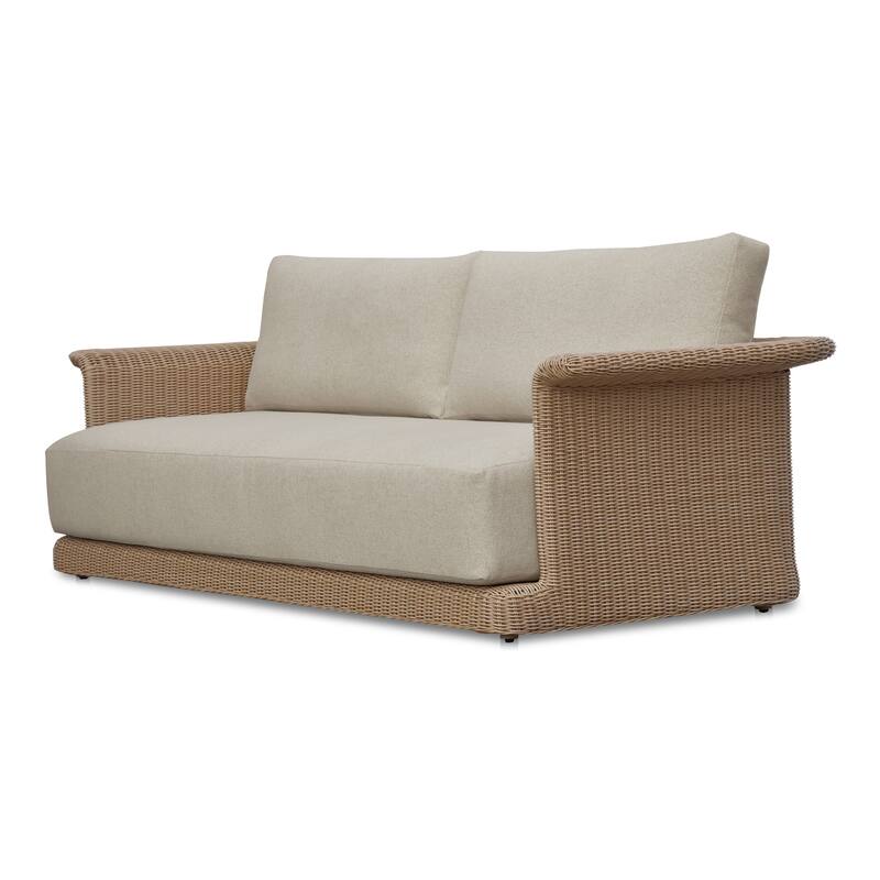 NADAAL STUDIOS Mareth Sofa, Tulip-Shaped Wicker Seat with Cushioned Upholstery, Aluminum Frame, Brown - Seats 3