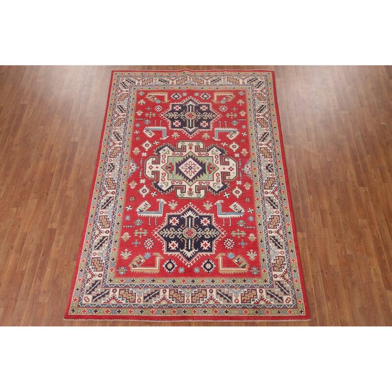 Hand Knotted Oriental 100% Wool Carpet Traditional Geometric Red Kazak Area Rug - 9' 6'' X 6' 4''