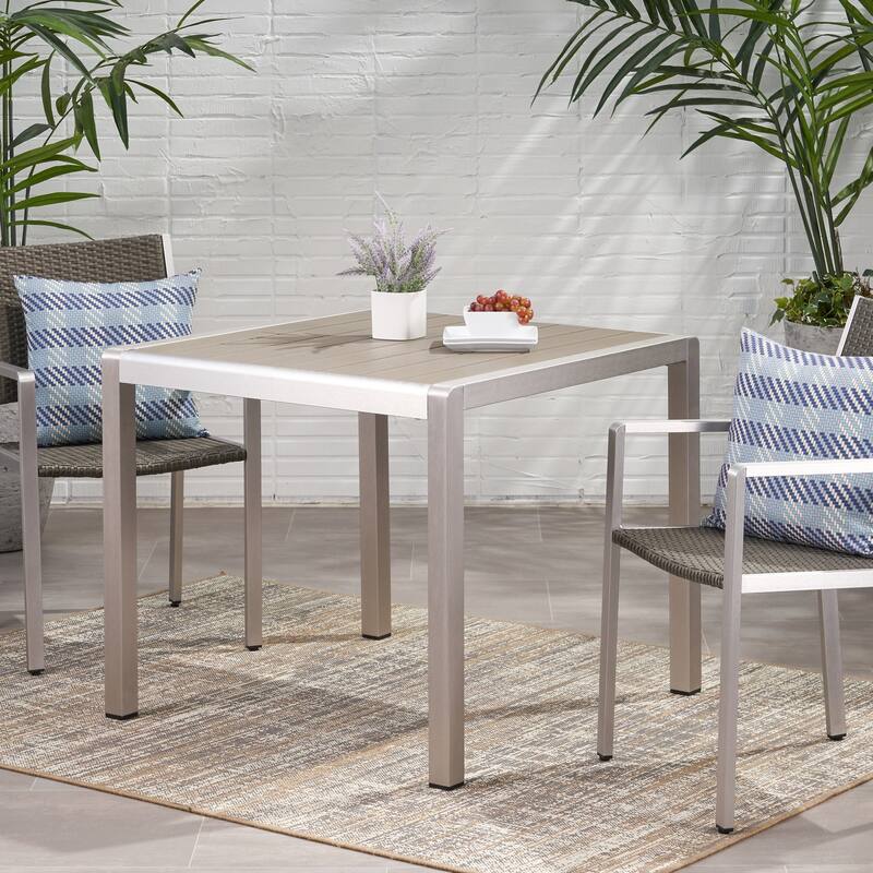 Roomfitters Outdoor Square Dining Table with Slatted Faux Wood Top and Rust Resistant Aluminum Frame, Grey - Silver