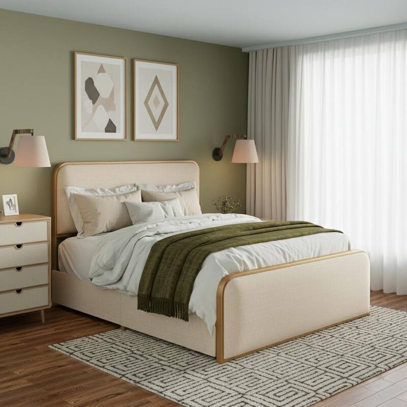 Modern Metal Platform Bed with Curved Upholstered Headboard by Harper&Bright Designs