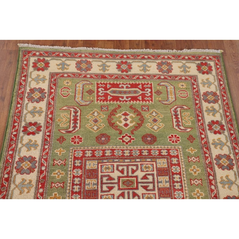 Light Green Geometric Kazak Accent Rug Handmade Wool Carpet - 3'4" x 4'7"