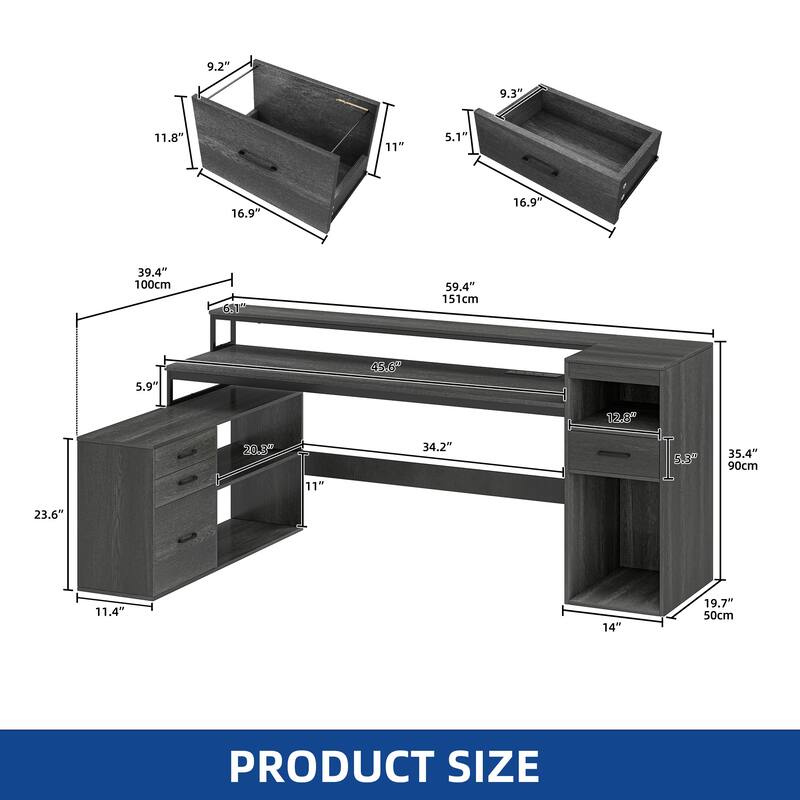 Moasis Farmhouse L Shaped Desk with Drawers, Power Outlets & LED Lights