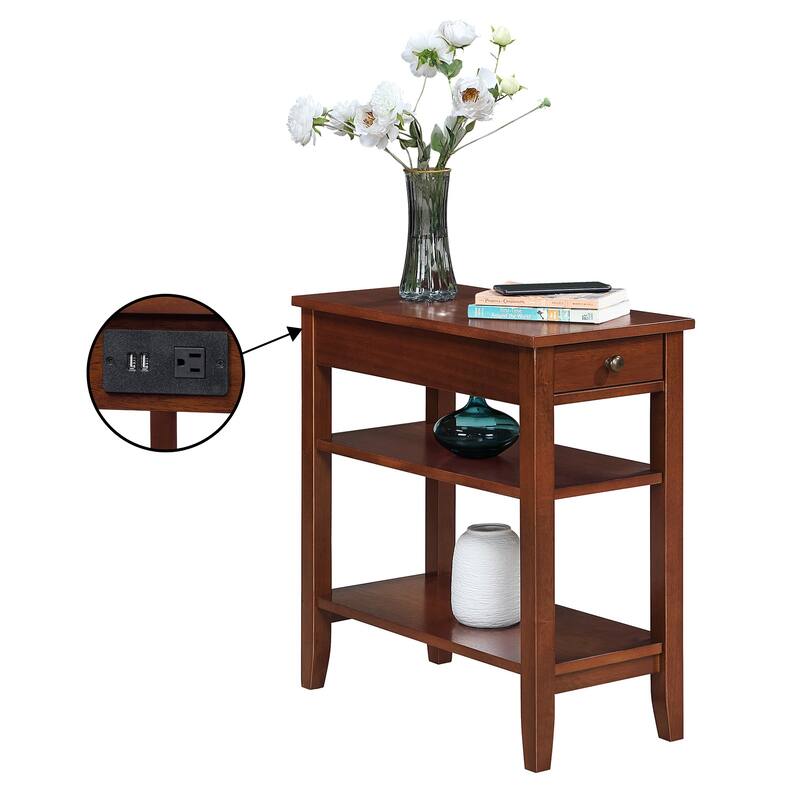 Convenience Concepts American Heritage 1 Drawer Chairside End Table with Charging Station and Shelves