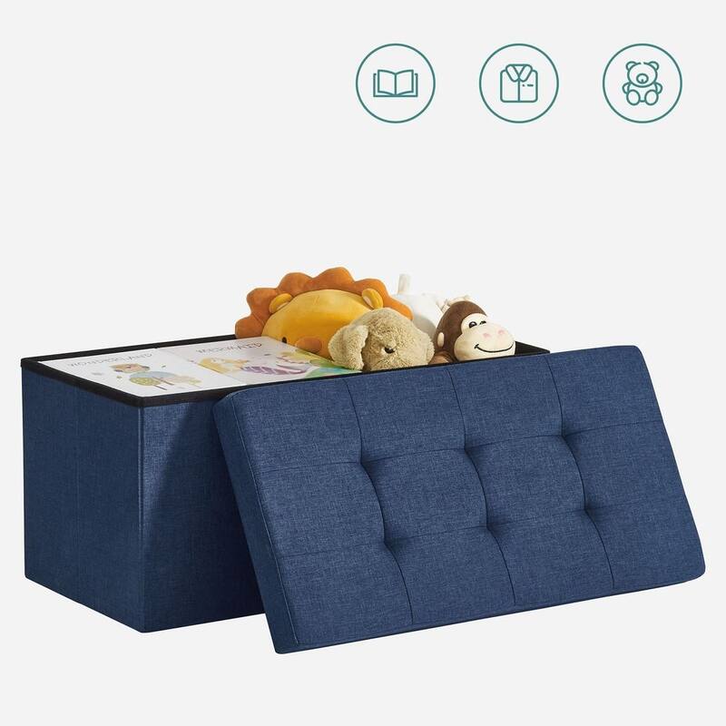Dark Blue Faux Leather Padded 30-Inch Folding Storage Ottoman Bench with Lid