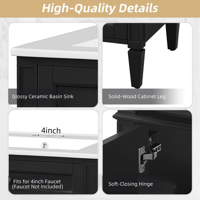 24'' Bathroom Vanity with Sink, Freestanding Storage Cabinet with 2 Doors, Tip-Out Drawer & Soft-Close Organizers