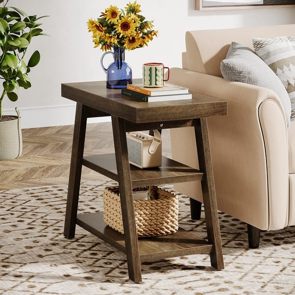 slide 2 of 7, Industrial End Side Bed Table with Storage Shelf for Living Room Grey