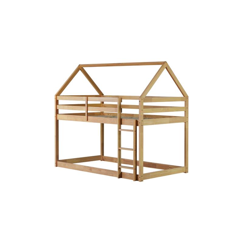 Twin over Twin Rubber Wood Floor Bunk Bed, Solid Wood Twin Size House Shaped Bunk Bed Frame with Roof and Guardrails