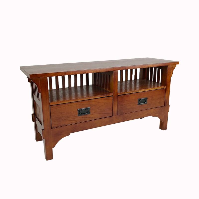 Wooden TV Stand with 2 Open Shelves and Slatted Back, Oak Brown