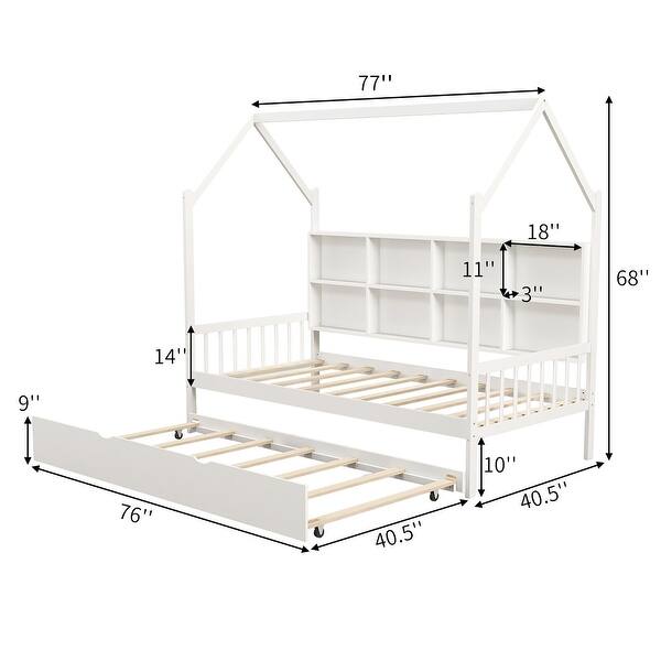 Gymax Twin House Daybed with Trundle Wooden Bed 8 Storage Shelf