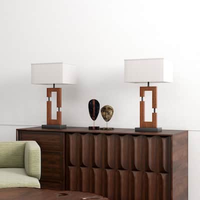 25.9" Wood Table Lamp With Cotton Shade And USB Set of 2
