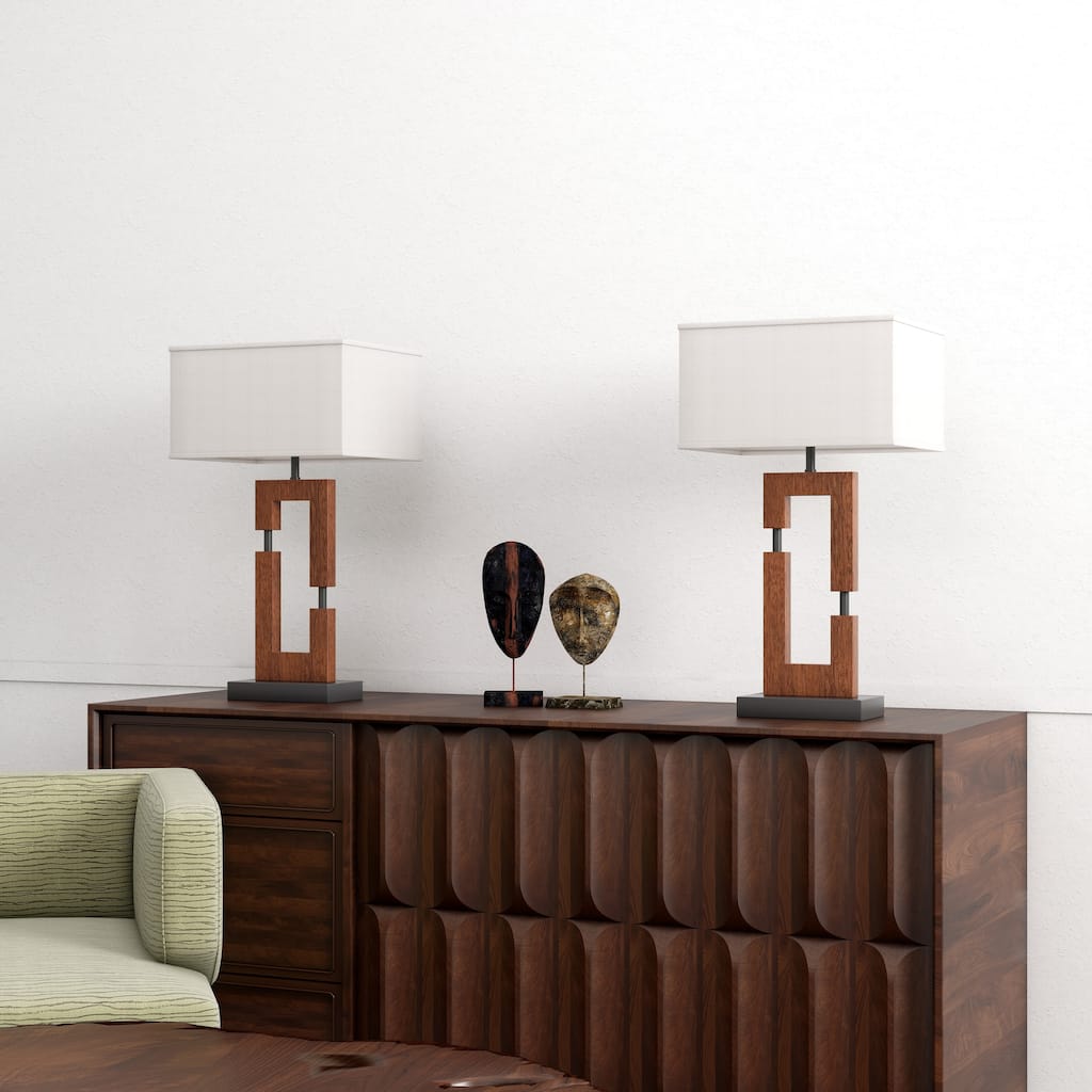 25.9" Wood Table Lamp With Cotton Shade And USB Set of 2