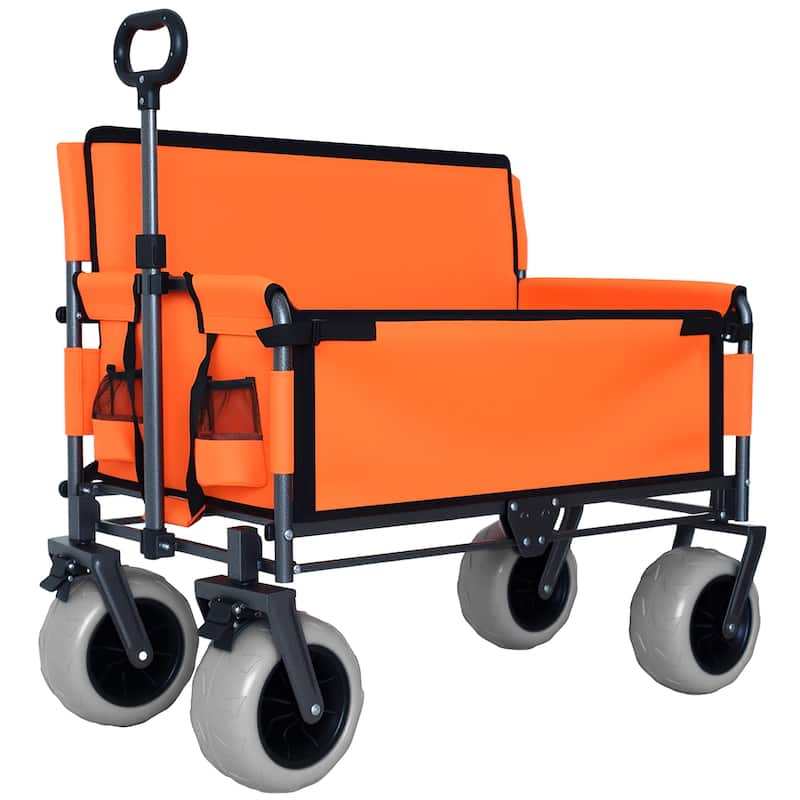 3-in-1 Folding Wagon with Bench Seat - 500lb Capacity with 9"x4" Beach Tires, Orange