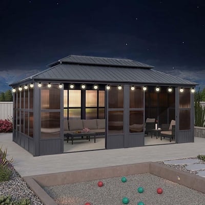 PURPLE LEAF Double Top Outdoor Sunroom Screen House Patio Hardtop Gazebo