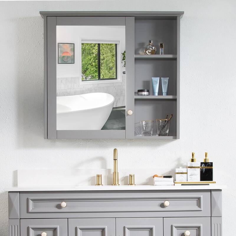 Modern Surface Mount Solid Wood Framed Medicine Cabinet With Mirror and Shelves - Titanium Grey-34'' W