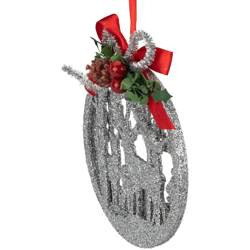 4.5" 2-D Silver Glitter Reindeer Family Silhouette Christmas Ornament