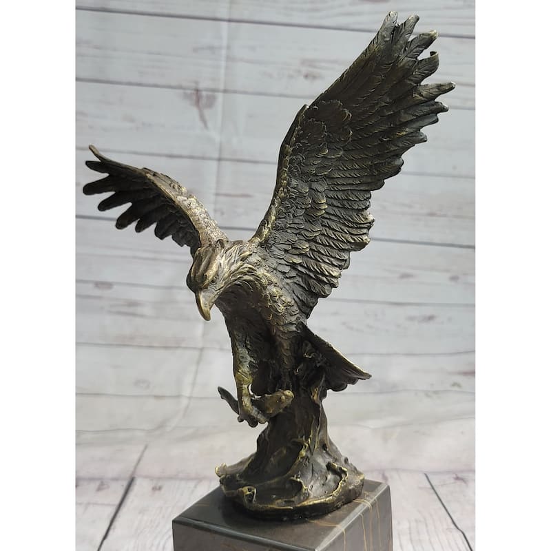 American Bald Eagle Holding Fish Bronze Sculpture Statue On Marble Base Signed Original 14 Inches X 8 Inches