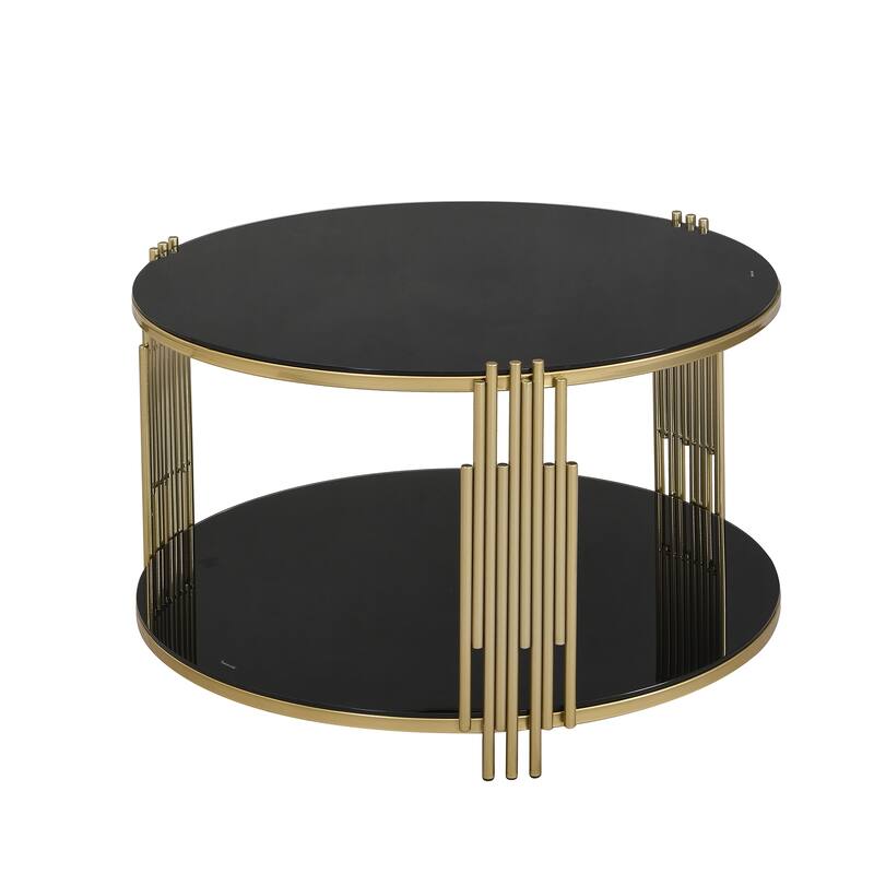 31.5" Tempered Glass Coffee Table with Asymmetrical Metal Design and Lower Shelf