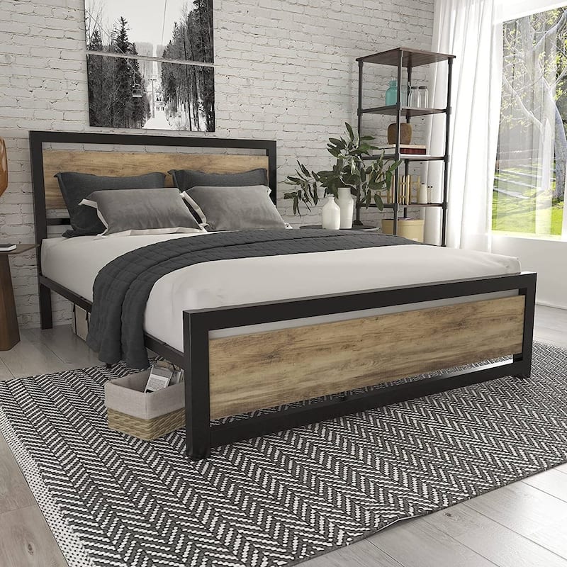 Full/Queen Metal Platform Bed Frame with Brown Wood Panel Headboard and Footboard
