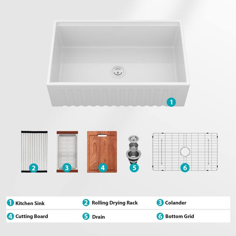 33" White Farmhouse Kitchen Sink Workstation - White Porcelain Ceramic Sngle Bowl Reversible Design Kitchen Sink