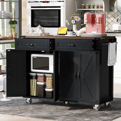 53.5'' Farmhouse Kitchen Cart with Power Outlet, Drop Leaf, Spice Holder, Two Drawers, and Five Wheels