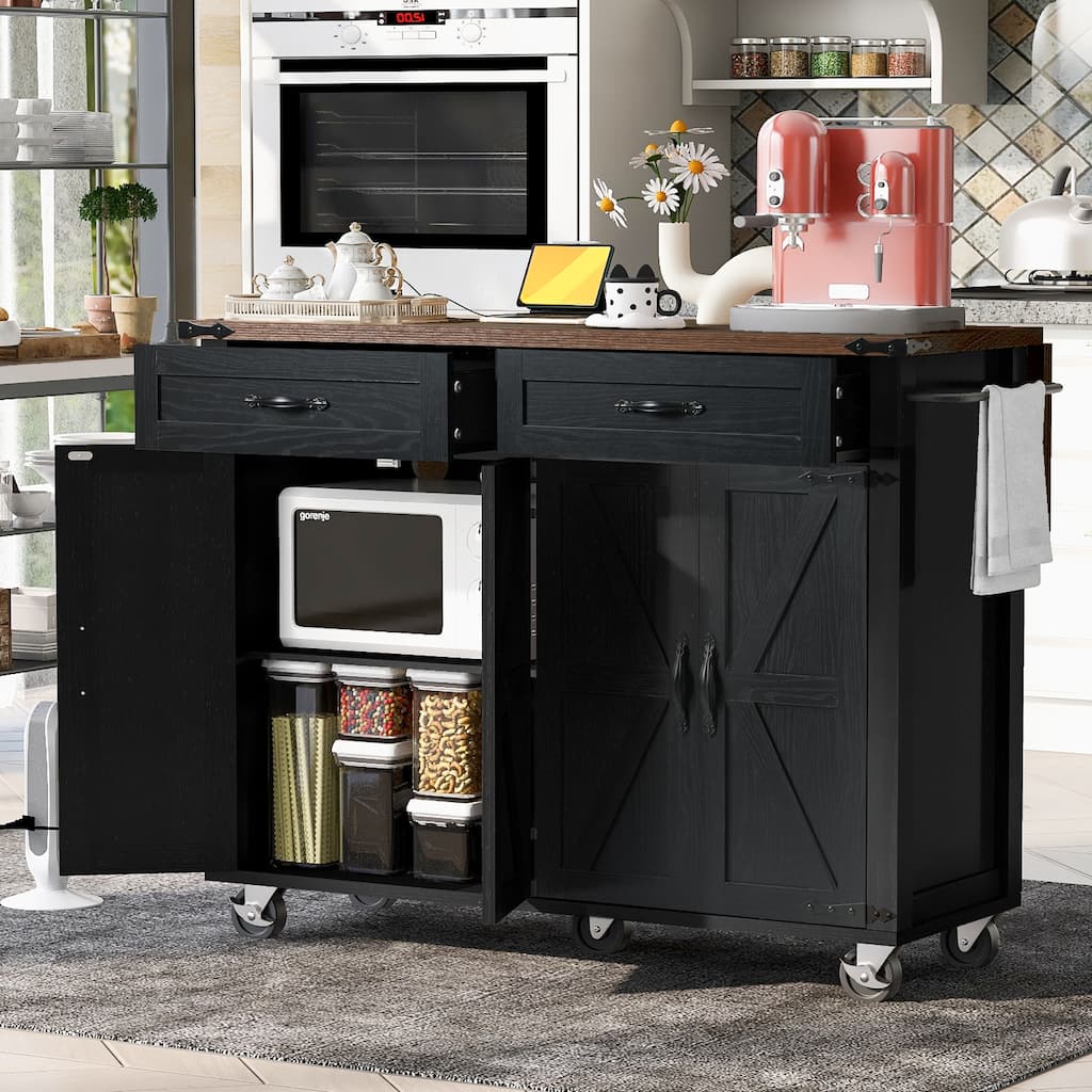 53.5''Farmhouse Kitchen Island with Power Outlet, Kitchen Storage Island with Drop Leaf, Spice Rack and Drawer
