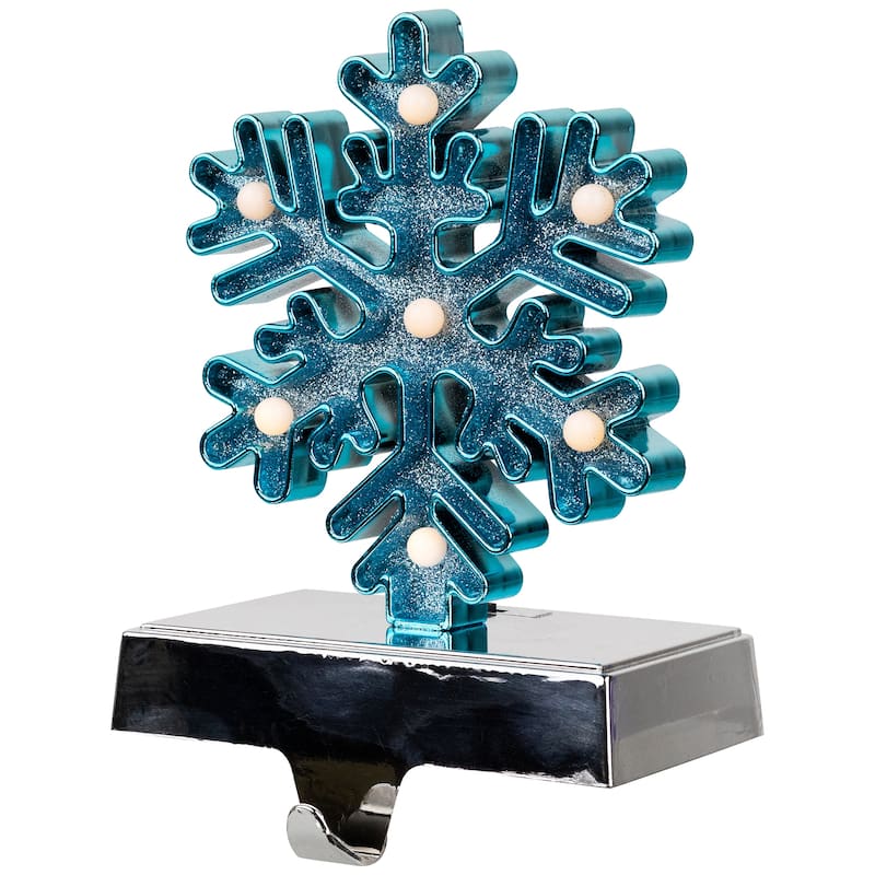 LED Lighted Glittered Snowflake Christmas Stocking Holder - 6.5" - Blue