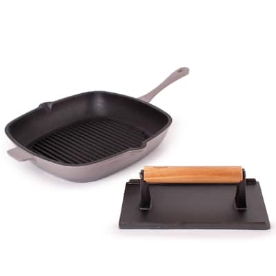 Neo 2pc Cast Iron Grill Set Grill Pan & Bacon/Steak Press Oyster