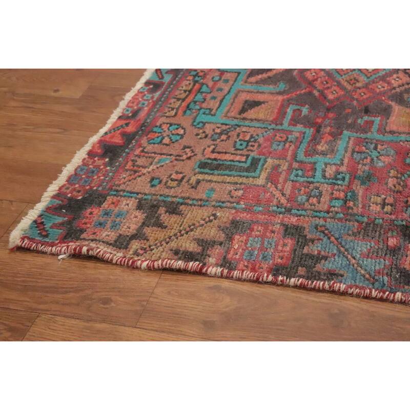 Hand Knotted Oriental 100% Wool Carpet Traditional Geometric Pink Heriz Runner Rug - 9' 5'' X 3' 0''
