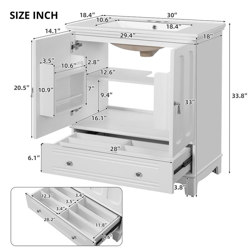 30" Wooden Bathroom Ceramic Sink Cabinet with Shelf, Drawer with Divider