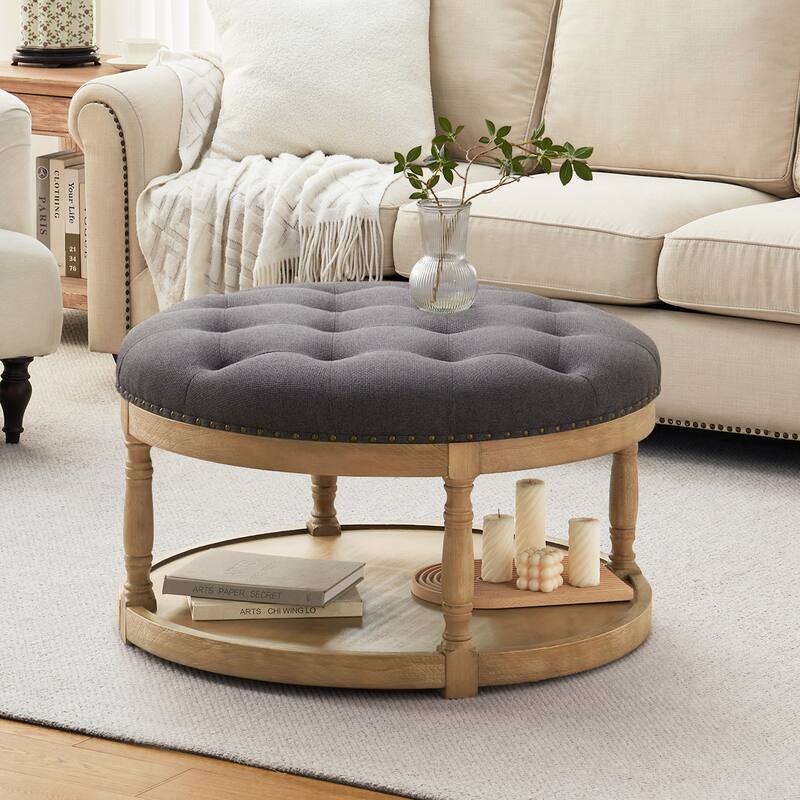 HUIMO 33in Round Upholstered Solid Wood Ottoman Coffee Table with Storage Shelf