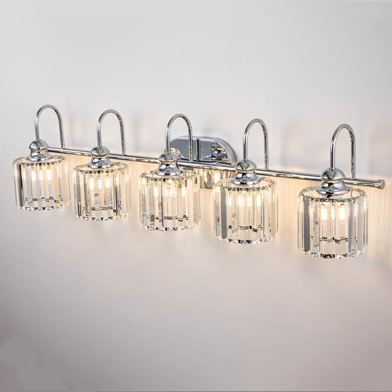5-Light Glam Linear Dimmable Crystal Bathroom Vanity Lights with Cylinder Crystal Shade
