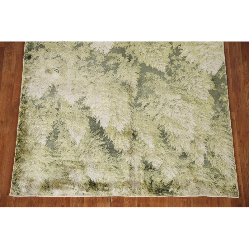 Green Modern Indian Abstract Rug Hand-Knotted Wool Carpet - 4'8"x 6'6"