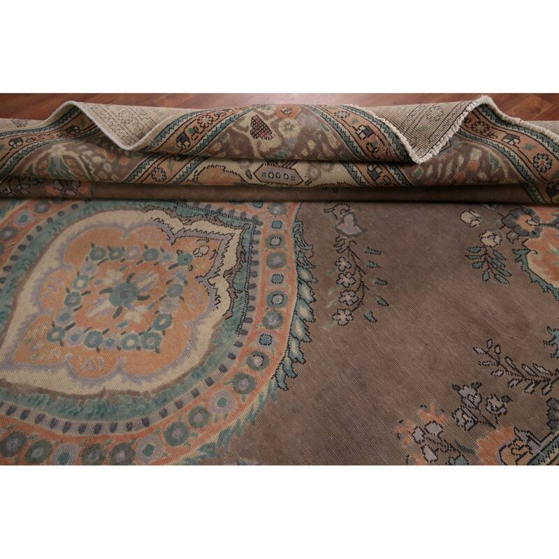 Brown Geometric Tabriz Vintage Persian Area Rug Handmade Wool Carpet - 9'4" x 12'5"