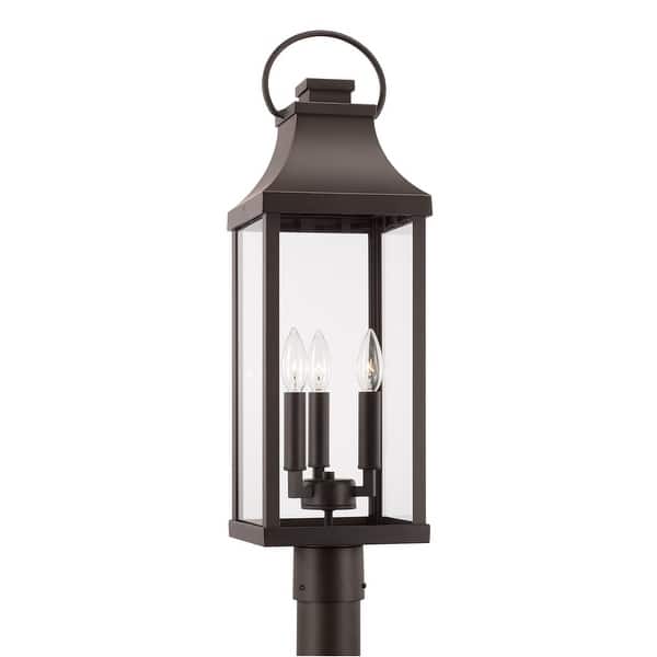 slide 2 of 7, 3-light Outdoor Post-Lantern w/ Clear Glass Oiled Bronze