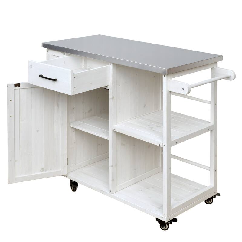 Outdoor Fir Wood Kitchen Island Prep Station with Stainless Top, Ample Storage Space, Towel and Spice Racks