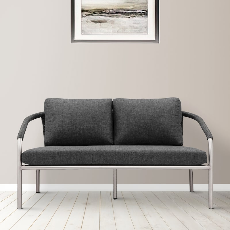 Phil 57 Inch Outdoor Sofa, Gray Fade Resistant Upholstery, Silver Aluminum