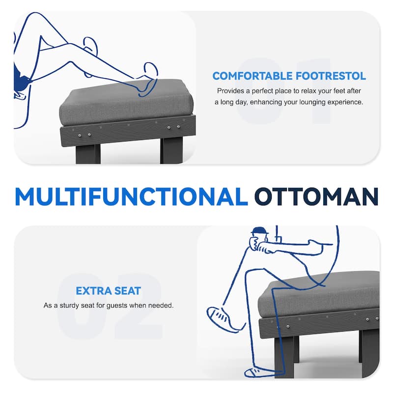 Outdoor Patio HDPE Chair Set with a Movable Ottoman & Removable Cushions