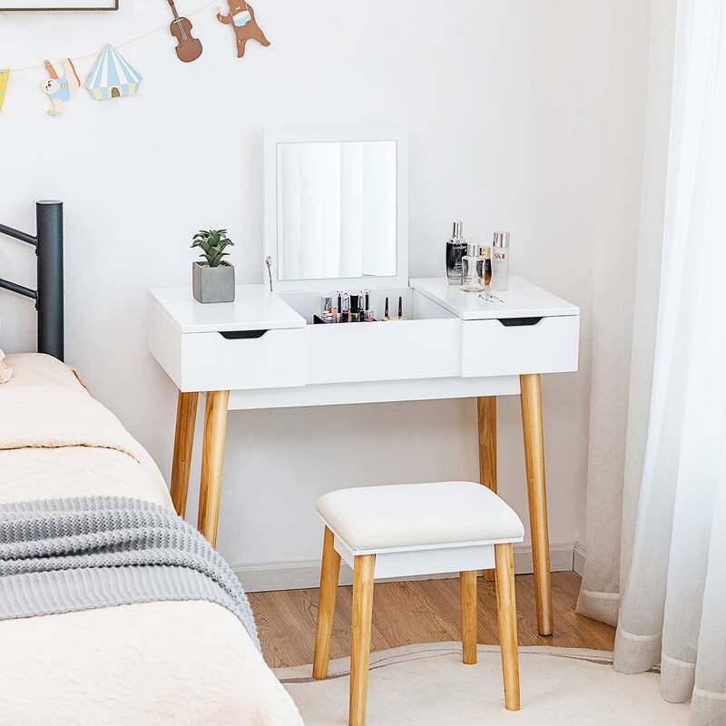 Costway Vanity Table Set w/ Flip Top Mirror Drawers 9 Dividers Makeup - White