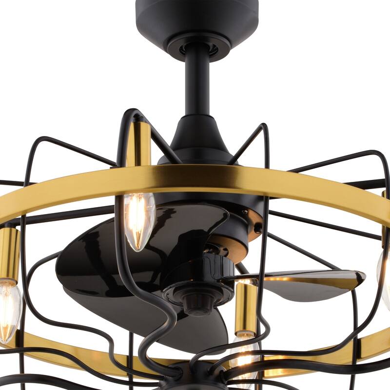Kenton Black and Gold Satin Brass Contemporary 21-in. Fandelier Ceiling Fan with Cage Light Kit and Remote