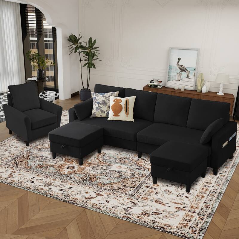 101"Corduroy 3 Piece Living Room Set Including 4 Seater Sofa ,2 Storage Ottoman and Chair
