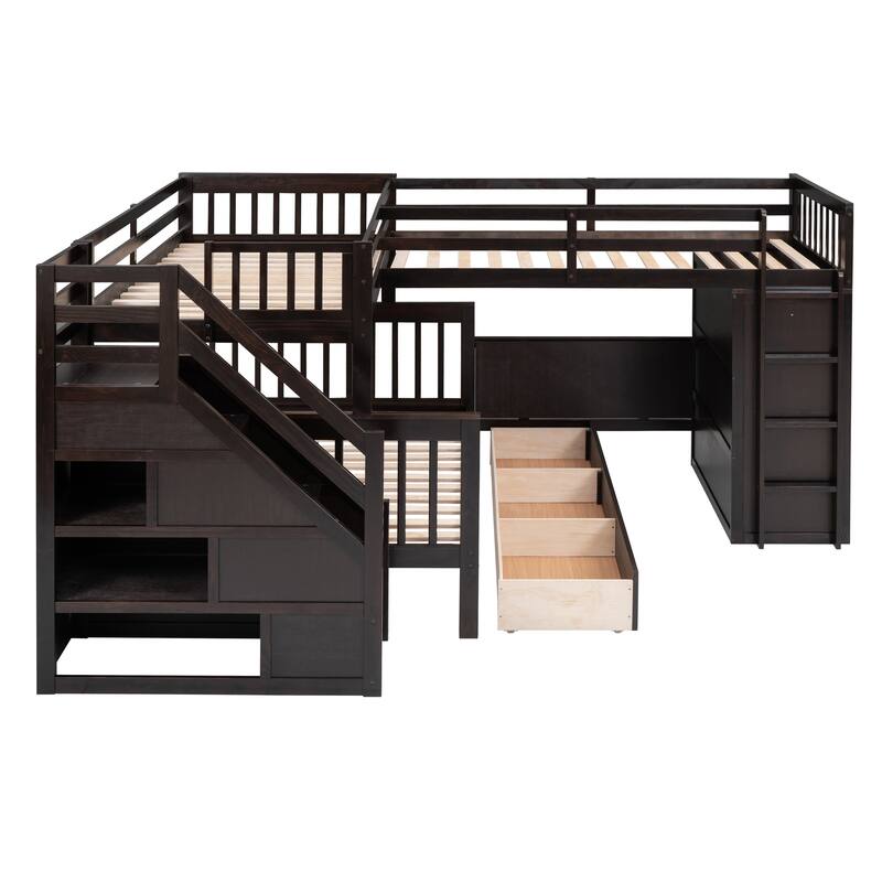 L-Shaped Bunk Bed with Storage Stairs, Fold Desk, Wardrobe, Twin - Twin Over Full Bed with Pull-out Underneath Storage Drawers