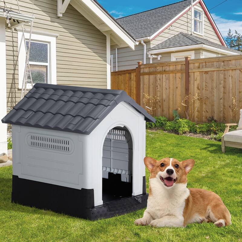 Plastic Dog House with Air Vents, Elevated Floor, Insulated Outdoor Indoor Kennel for Small Dogs