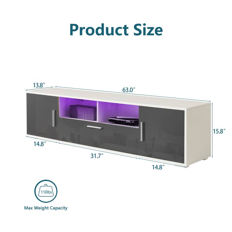 GDF Studio - Modern Particle Board TV Stand with LED Remote Lighting, Storage Cabinets & Open Shelves