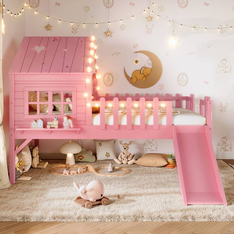 Twin Size House Loft Bed with Slide,Playhouse Bed with Star Moon-shaped Designs and Window, Chic Design with LED Lights