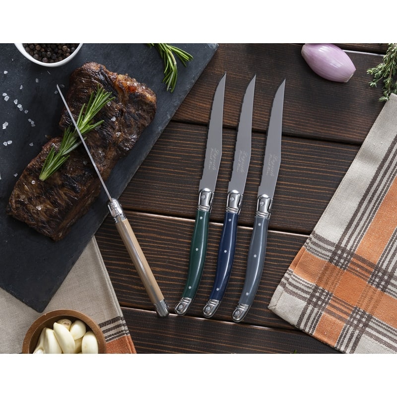 French Home Set of 4 Laguiole Steak Knives, Earth Tones - Silver