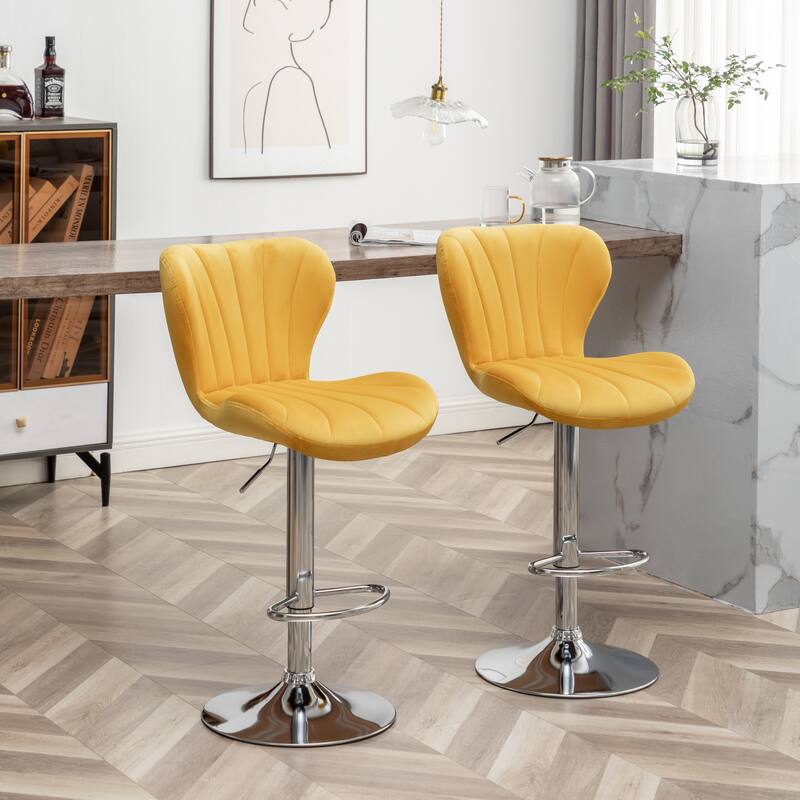 Set of 2 Adjustable Swivel Barstools with Upholstered Bucket Seats and Chrome Footrest.