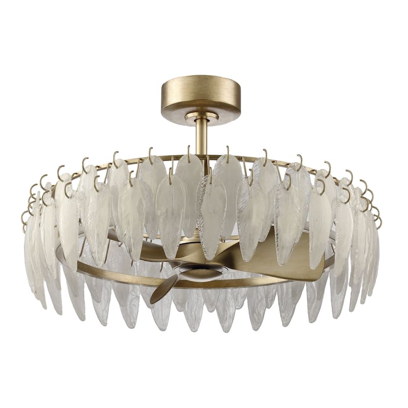 32" Rusted Silver Glass Feather 3-Blade Fandelier Caged Ceiling Fan with Light and Remote