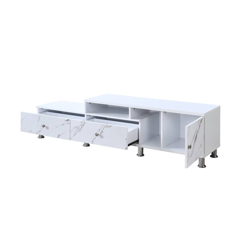 1pc Modern Sleek White Finish Faux Marble Accents Silver-tone Legs TV Stand Console Living Room Furniture